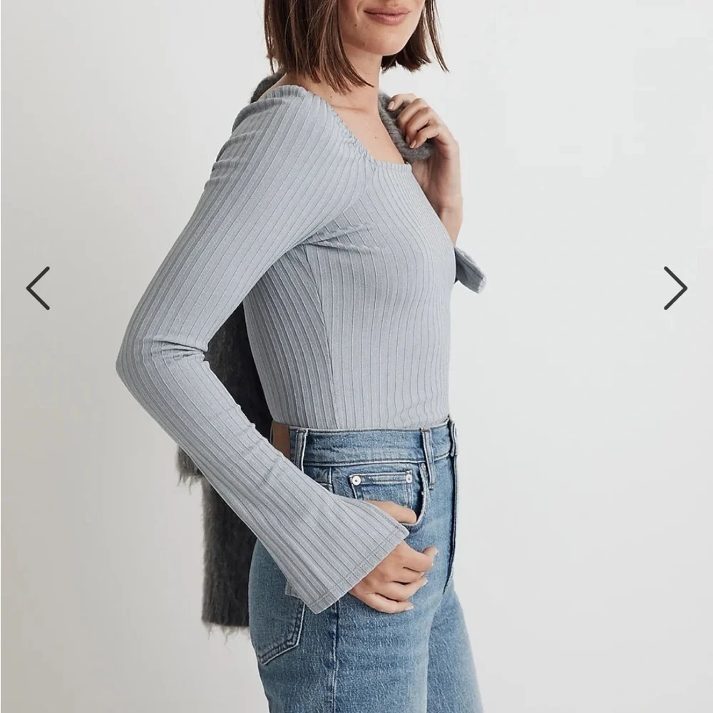 Madewell Craft Blue Ribbed Square Neck Long Sleeve Tee Medium
